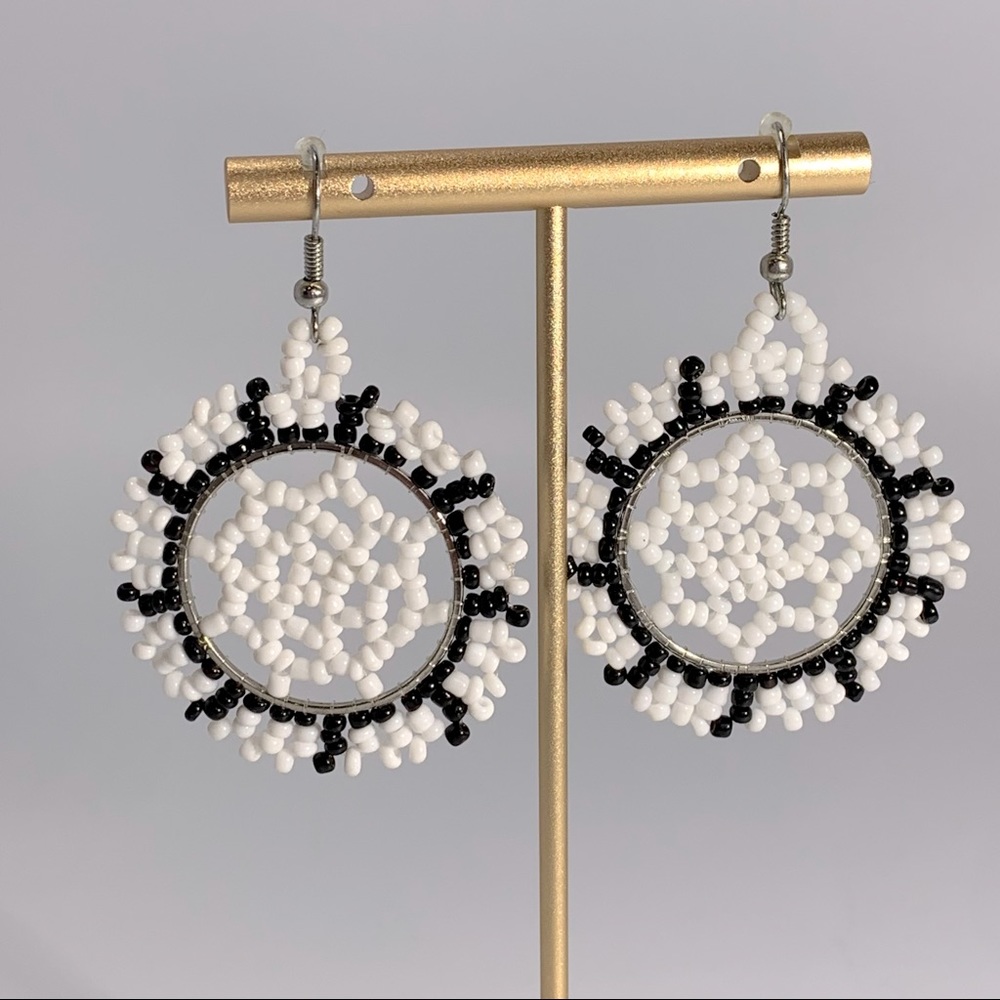 Seed Bead Dream Catcher Earrings Black & White Dangle Boho Bohemian Festival